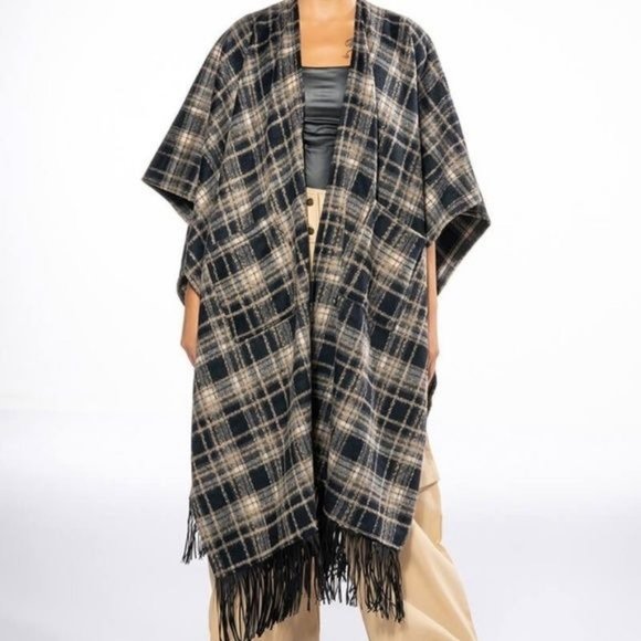 Miz Native Plaid Vegan Fringe Poncho - Picture 3 of 17